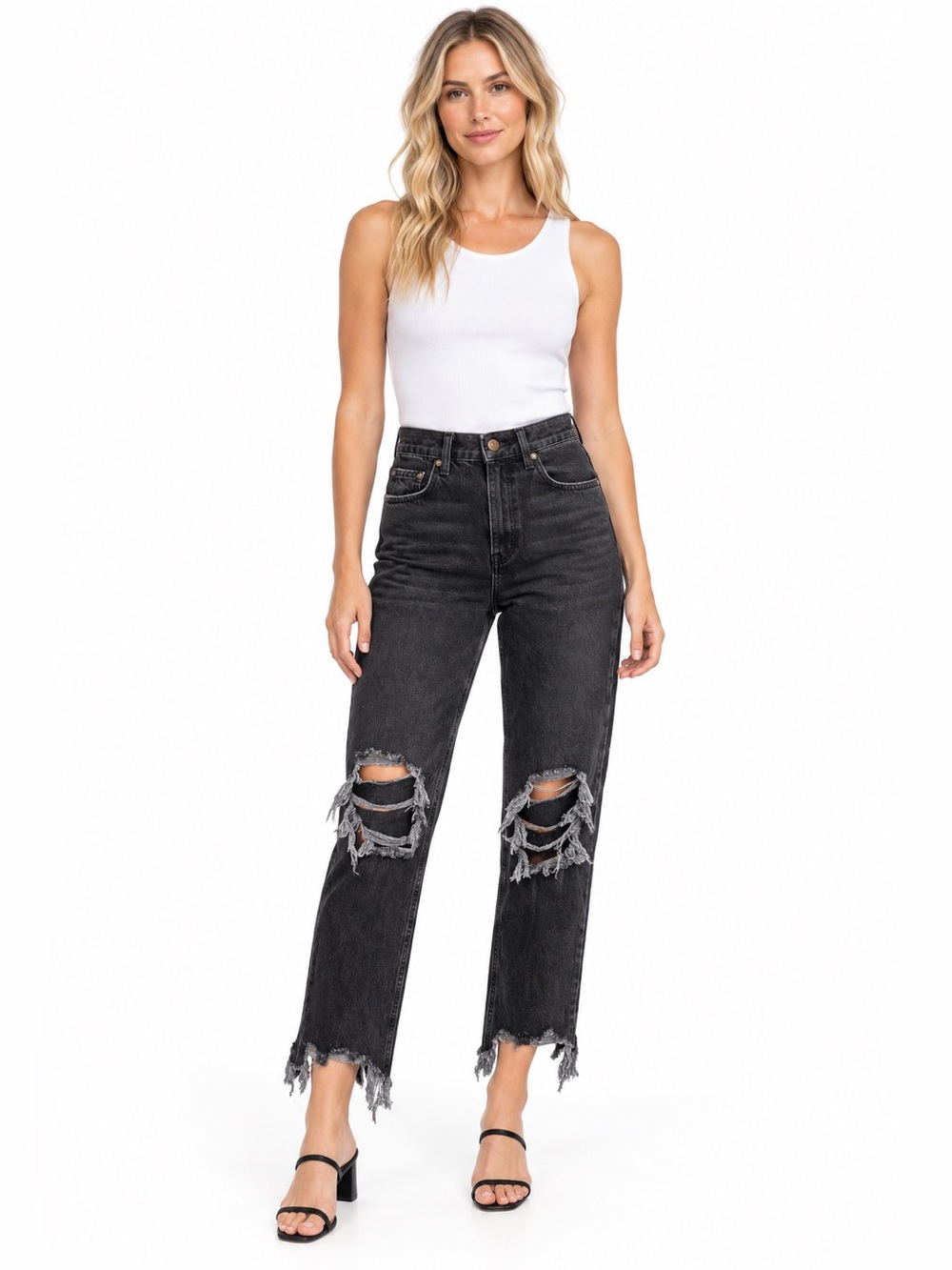 We The Free Size 25 High-Rise Button Fly Distressed Straight Leg Jeans - Black